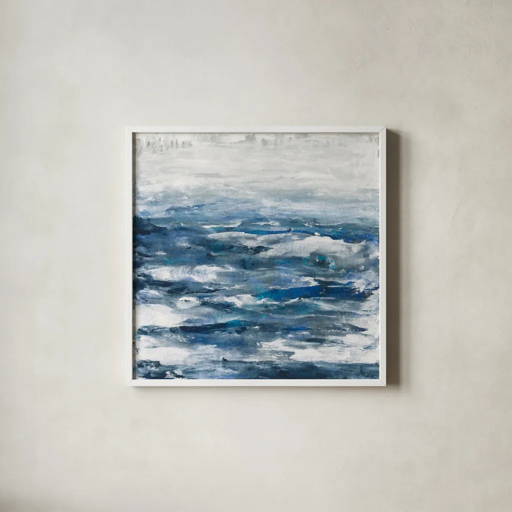 Seaside Escape III by Courtney Prahl. Shown in a crisp white glass frame for a clean and minimalist style. Available as an archival giclee rolled canvas, fine art paper, or poster print. SKU 61965a.