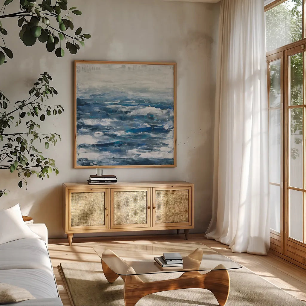 Seaside Escape III by Courtney Prahl. Shown in a natural wood frame in a cozy modern living room. Available as an archival giclee rolled canvas, fine art paper, or poster print. SKU 61965a.