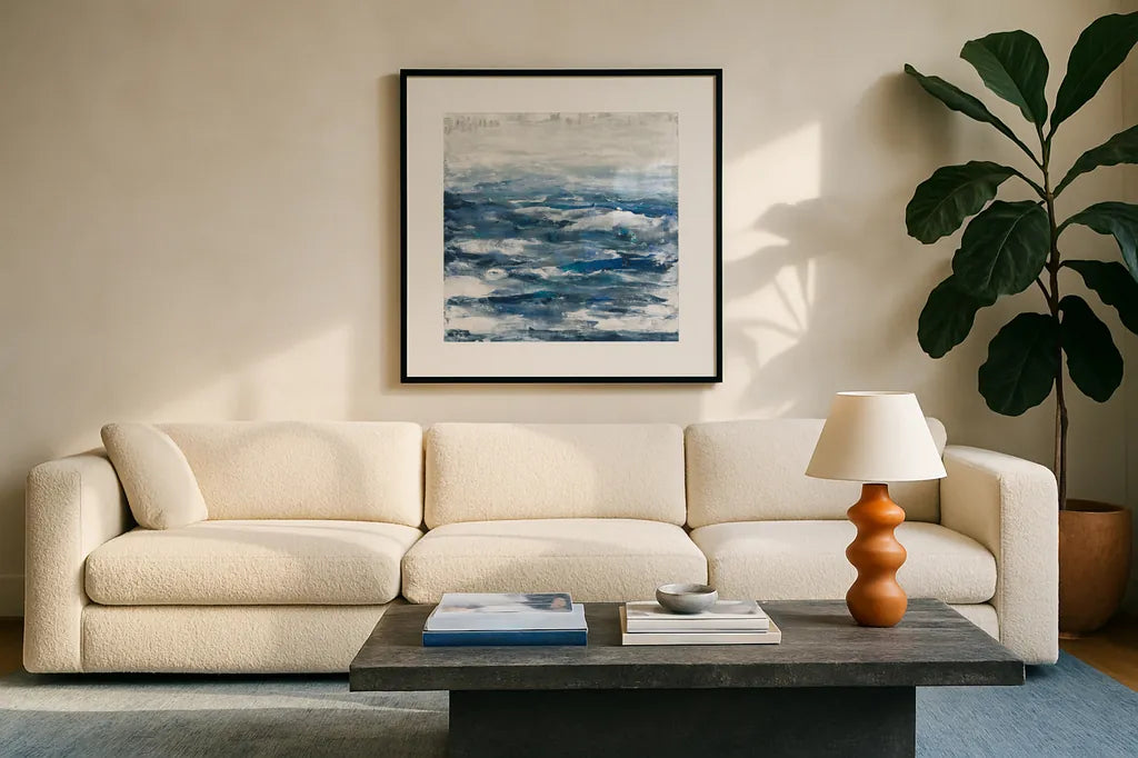 Seaside Escape III by Courtney Prahl. Displayed in a glass frame with matte in a clean modern living room. Available as an archival giclee rolled canvas, fine art paper, or poster print. SKU 61965a.