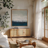 Seaside Escape IV by Courtney Prahl. Shown in a natural wood frame in a cozy modern living room. Available as an archival giclee rolled canvas, fine art paper, or poster print. SKU 61966a.