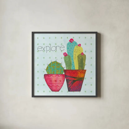Southwest Cactus I by Courtney Prahl. Shown in a sleek black glass frame for a contemporary gallery look. Available as an archival giclee rolled canvas, fine art paper, or poster print. SKU 37389a.