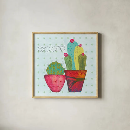 Southwest Cactus I by Courtney Prahl. Shown in a natural wood glass frame for a timeless modern aesthetic. Available as an archival giclee rolled canvas, fine art paper, or poster print. SKU 37389a.