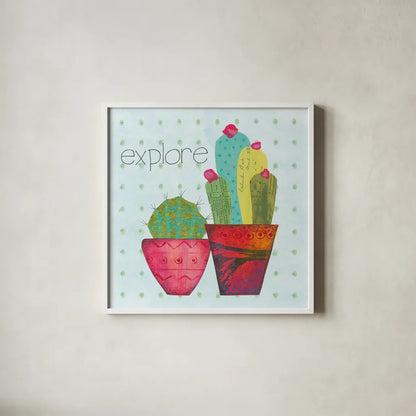 Southwest Cactus I by Courtney Prahl. Shown in a crisp white glass frame for a clean and minimalist style. Available as an archival giclee rolled canvas, fine art paper, or poster print. SKU 37389a.