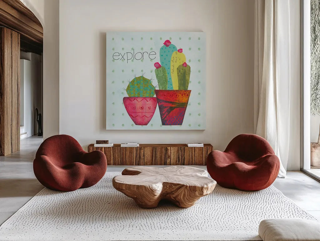 Southwest Cactus I by Courtney Prahl. Shown as extra-large giant wall art in a modern living room. Available as an archival giclee rolled canvas, fine art paper, or poster print. SKU 37389a.