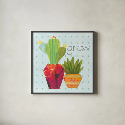Southwest Cactus II by Courtney Prahl. Shown in a sleek black glass frame for a contemporary gallery look. Available as an archival giclee rolled canvas, fine art paper, or poster print. SKU 37390a.