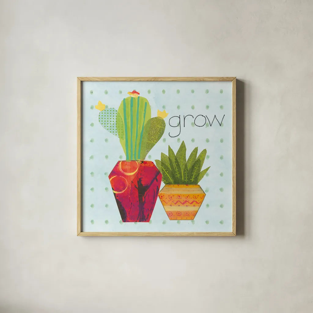 Southwest Cactus II by Courtney Prahl. Shown in a natural wood glass frame for a timeless modern aesthetic. Available as an archival giclee rolled canvas, fine art paper, or poster print. SKU 37390a.