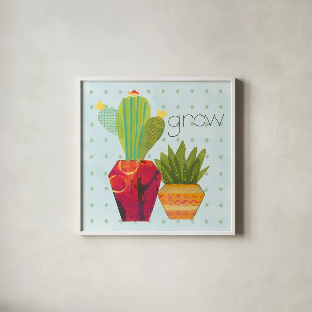 Southwest Cactus II by Courtney Prahl. Shown in a crisp white glass frame for a clean and minimalist style. Available as an archival giclee rolled canvas, fine art paper, or poster print. SKU 37390a.