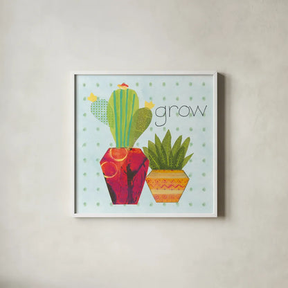 Southwest Cactus II by Courtney Prahl. Shown in a crisp white glass frame for a clean and minimalist style. Available as an archival giclee rolled canvas, fine art paper, or poster print. SKU 37390a.