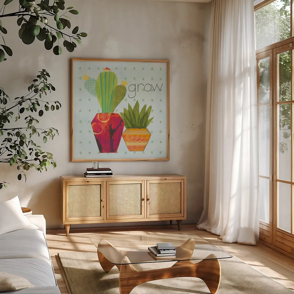 Southwest Cactus II by Courtney Prahl. Shown in a natural wood frame in a cozy modern living room. Available as an archival giclee rolled canvas, fine art paper, or poster print. SKU 37390a.