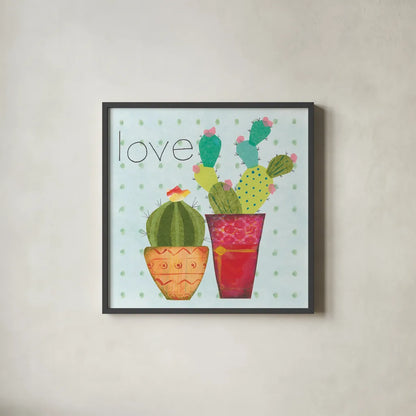 Southwest Cactus III by Courtney Prahl. Shown in a sleek black glass frame for a contemporary gallery look. Available as an archival giclee rolled canvas, fine art paper, or poster print. SKU 37391a.