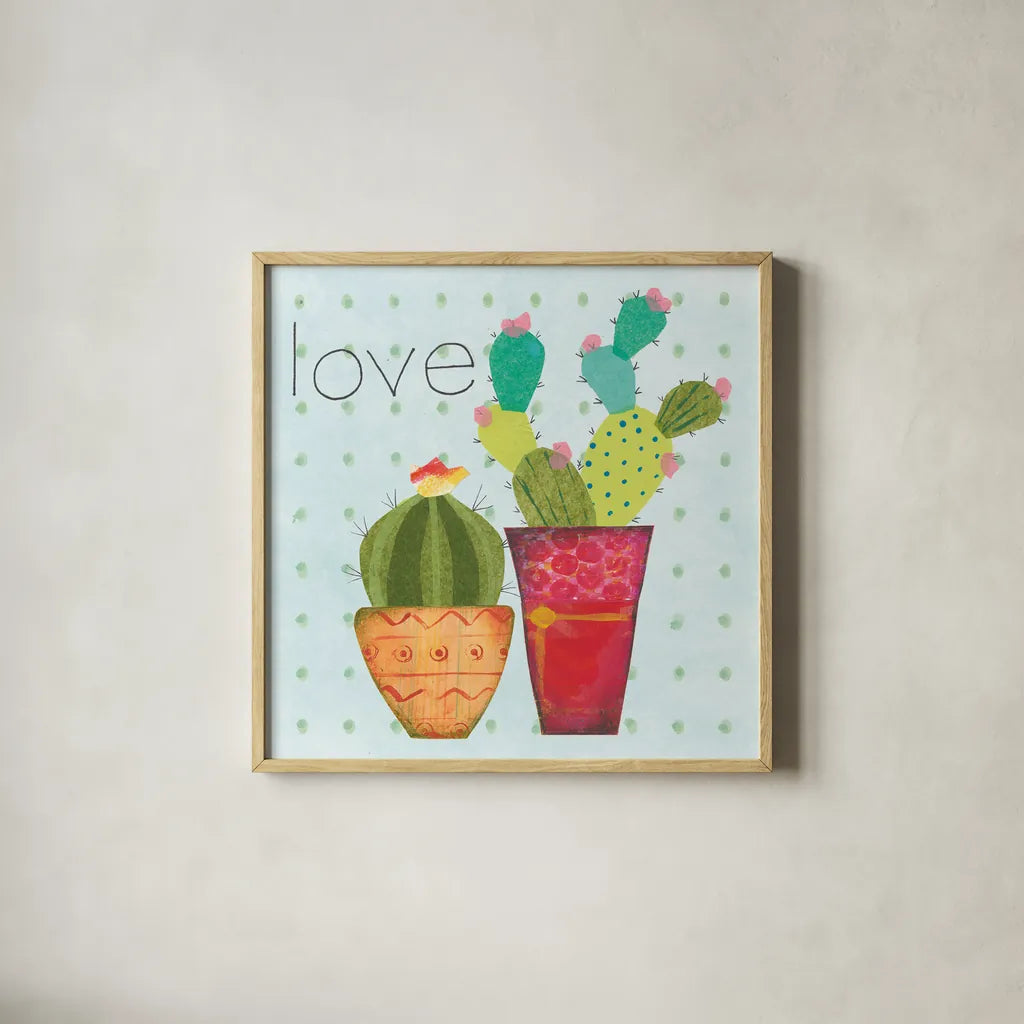 Southwest Cactus III by Courtney Prahl. Shown in a natural wood glass frame for a timeless modern aesthetic. Available as an archival giclee rolled canvas, fine art paper, or poster print. SKU 37391a.