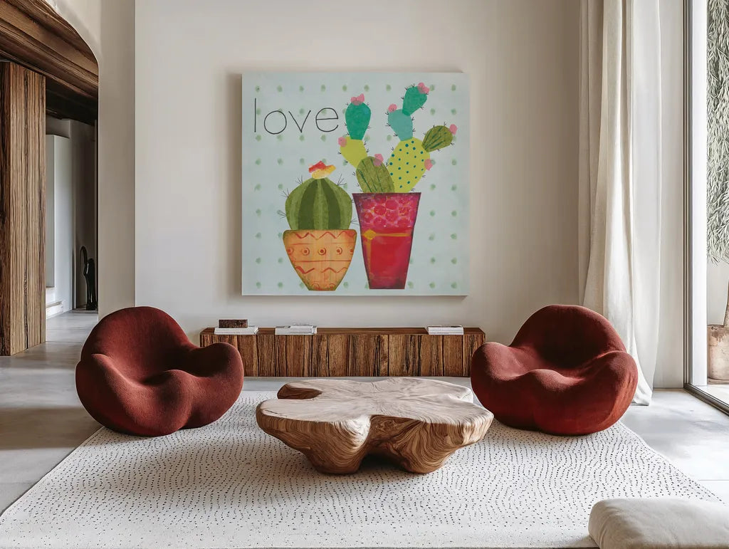 Southwest Cactus III by Courtney Prahl. Shown as extra-large giant wall art in a modern living room. Available as an archival giclee rolled canvas, fine art paper, or poster print. SKU 37391a.