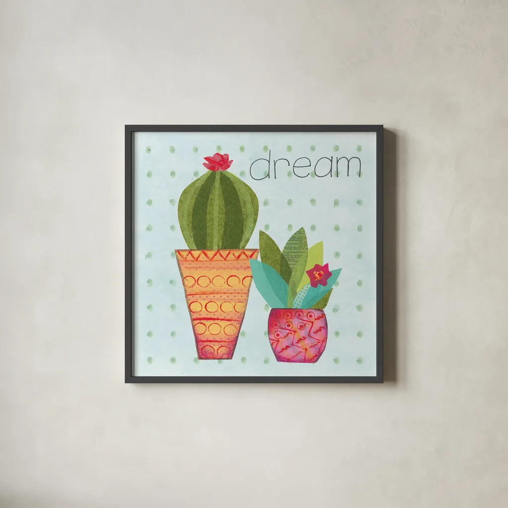 Southwest Cactus IV by Courtney Prahl. Shown in a sleek black glass frame for a contemporary gallery look. Available as an archival giclee rolled canvas, fine art paper, or poster print. SKU 37392a.