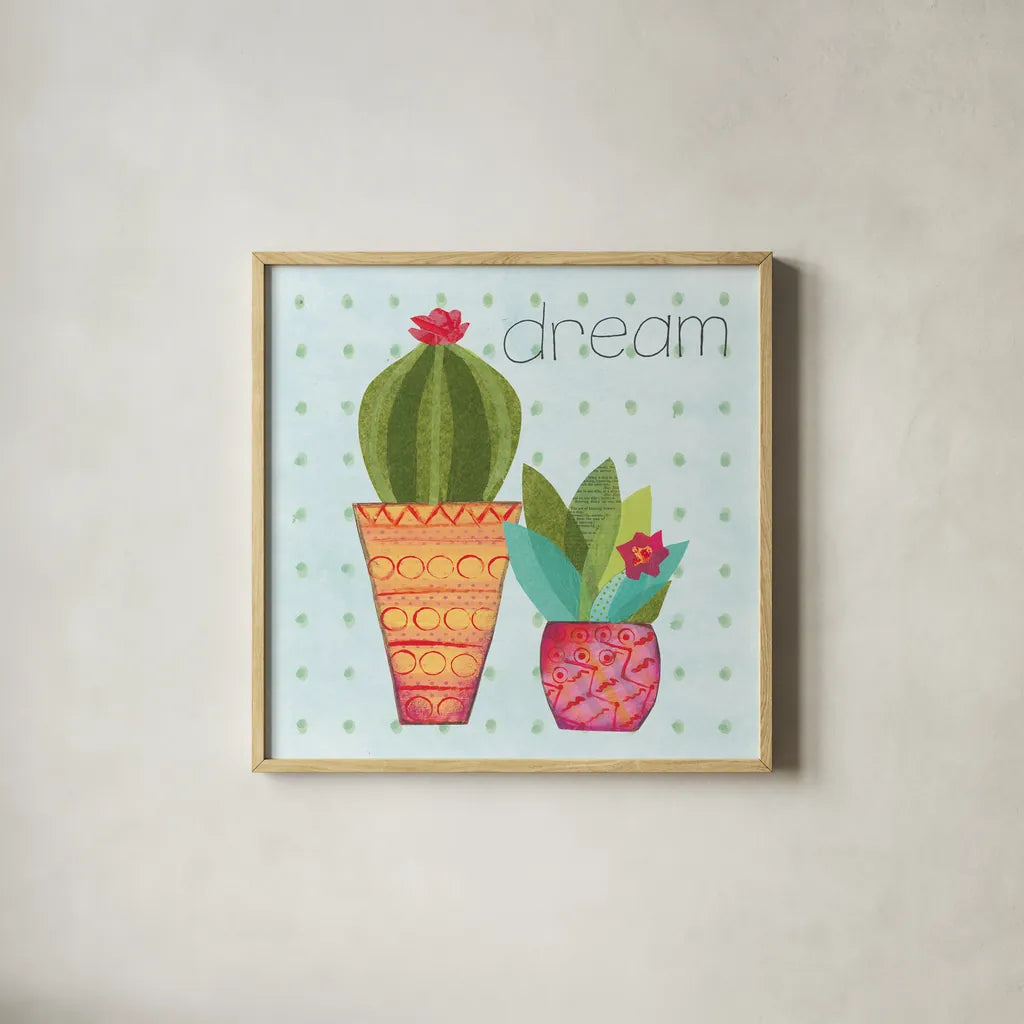 Southwest Cactus IV by Courtney Prahl. Shown in a natural wood glass frame for a timeless modern aesthetic. Available as an archival giclee rolled canvas, fine art paper, or poster print. SKU 37392a.