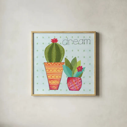 Southwest Cactus IV by Courtney Prahl. Shown in a natural wood glass frame for a timeless modern aesthetic. Available as an archival giclee rolled canvas, fine art paper, or poster print. SKU 37392a.