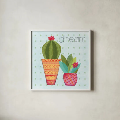 Southwest Cactus IV by Courtney Prahl. Shown in a crisp white glass frame for a clean and minimalist style. Available as an archival giclee rolled canvas, fine art paper, or poster print. SKU 37392a.