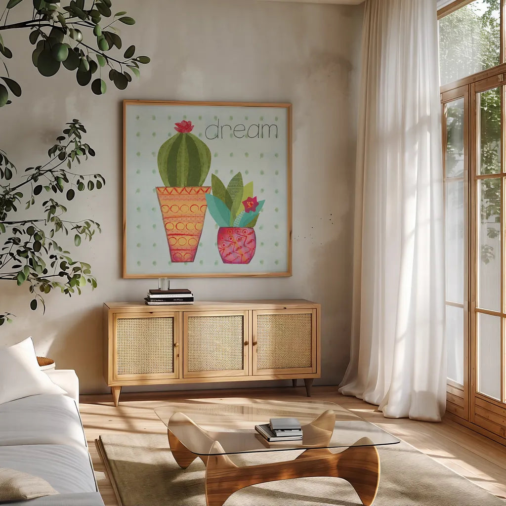 Southwest Cactus IV by Courtney Prahl. Shown in a natural wood frame in a cozy modern living room. Available as an archival giclee rolled canvas, fine art paper, or poster print. SKU 37392a.
