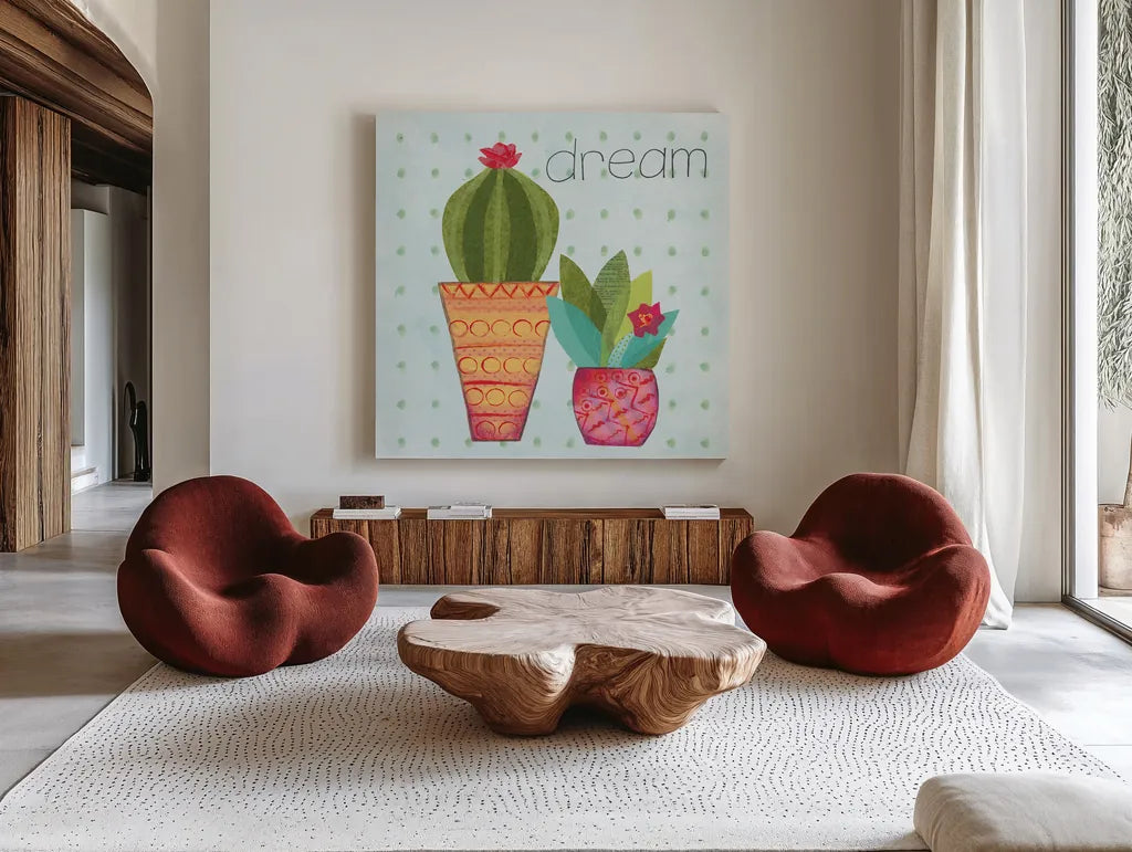 Southwest Cactus IV by Courtney Prahl. Shown as extra-large giant wall art in a modern living room. Available as an archival giclee rolled canvas, fine art paper, or poster print. SKU 37392a.