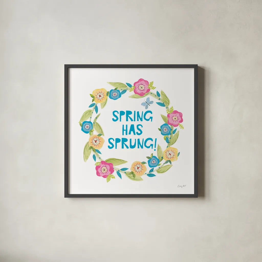 Spring Has Sprung II by Courtney Prahl. Shown in a sleek black glass frame for a contemporary gallery look. Available as an archival giclee rolled canvas, fine art paper, or poster print. SKU 43716a.