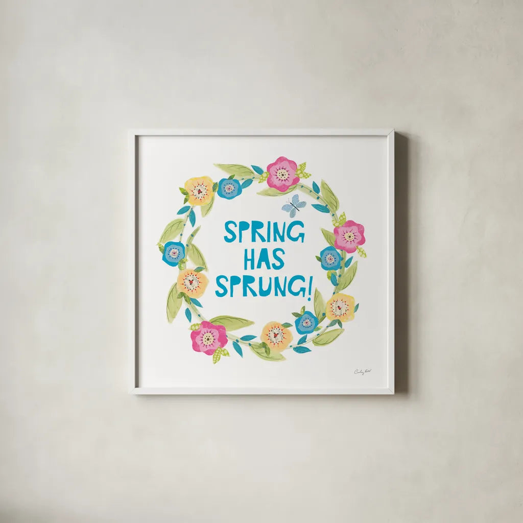 Spring Has Sprung II by Courtney Prahl. Shown in a crisp white glass frame for a clean and minimalist style. Available as an archival giclee rolled canvas, fine art paper, or poster print. SKU 43716a.