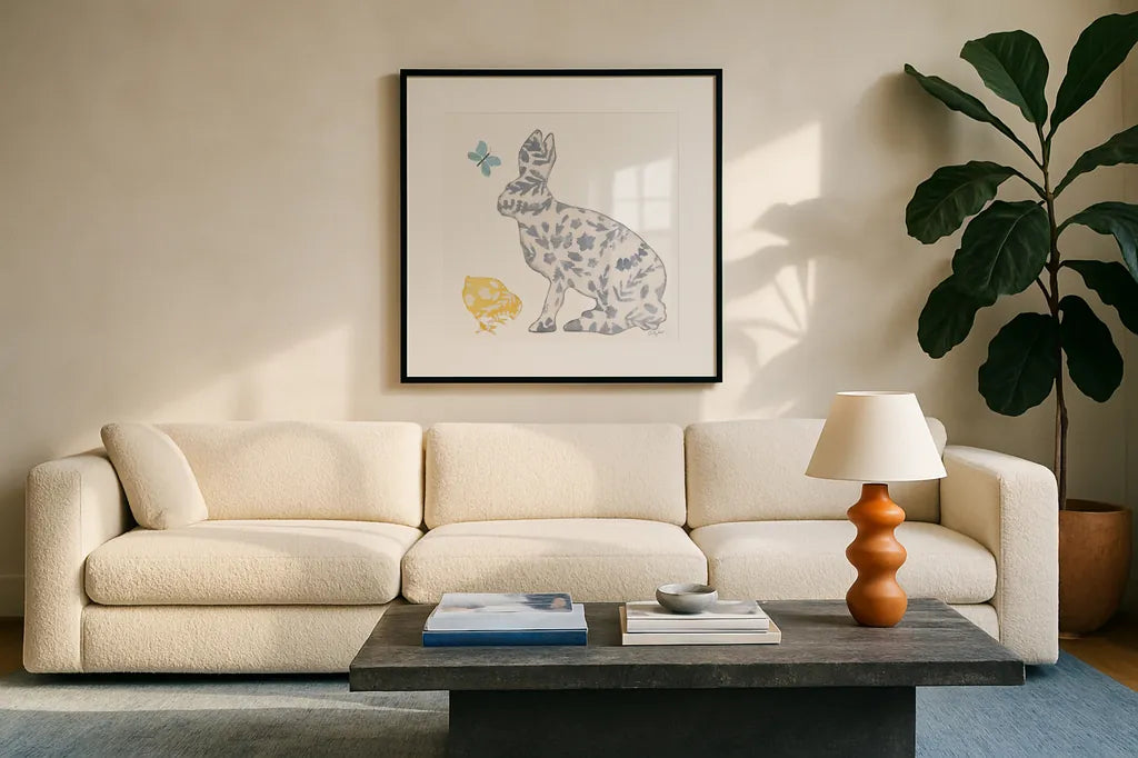 Spring Has Sprung IV by Courtney Prahl. Displayed in a glass frame with matte in a clean modern living room. Available as an archival giclee rolled canvas, fine art paper, or poster print. SKU 43718a.