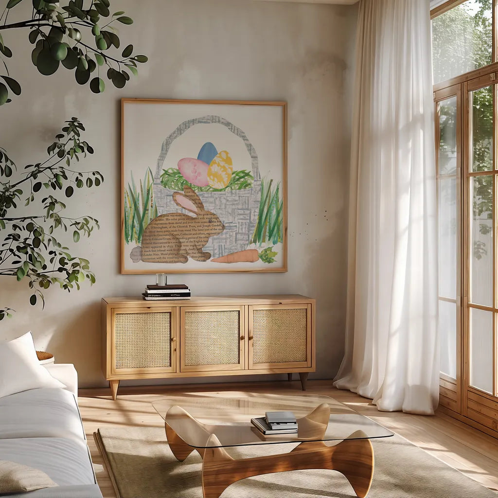 Spring Has Sprung V by Courtney Prahl. Shown in a natural wood frame in a cozy modern living room. Available as an archival giclee rolled canvas, fine art paper, or poster print. SKU 43719a.