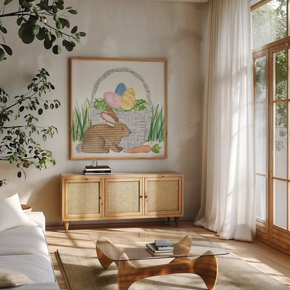 Spring Has Sprung V by Courtney Prahl. Shown in a natural wood frame in a cozy modern living room. Available as an archival giclee rolled canvas, fine art paper, or poster print. SKU 43719a.