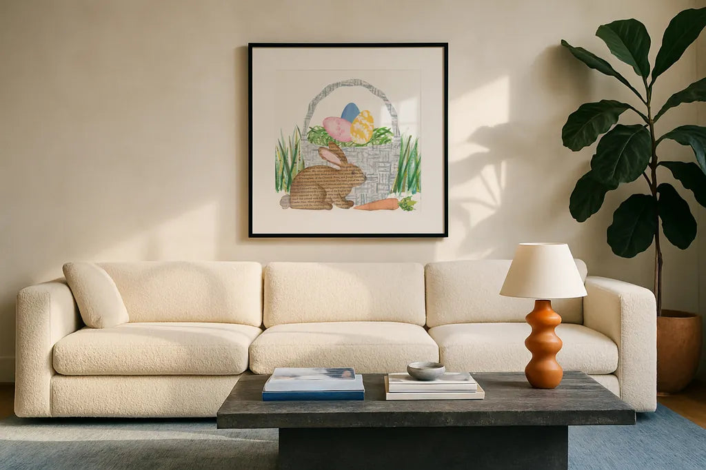 Spring Has Sprung V by Courtney Prahl. Displayed in a glass frame with matte in a clean modern living room. Available as an archival giclee rolled canvas, fine art paper, or poster print. SKU 43719a.