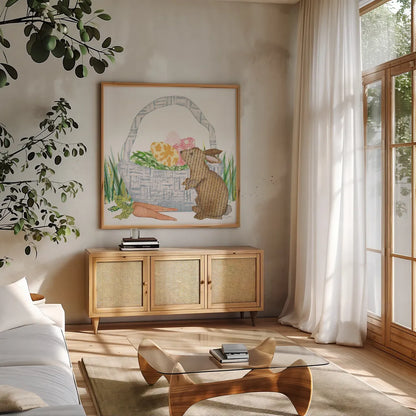 Spring Has Sprung VI by Courtney Prahl. Shown in a natural wood frame in a cozy modern living room. Available as an archival giclee rolled canvas, fine art paper, or poster print. SKU 43720a.