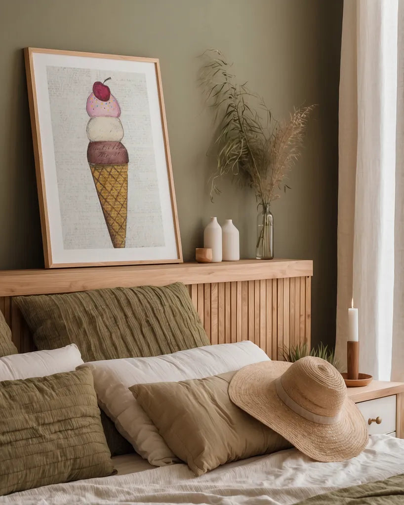 The Scoop I by Courtney Prahl. shown as a paper print in a natural frame. Available as a archival giclee rolled canvas, fine art paper, or poster print. SKU 52498h.
