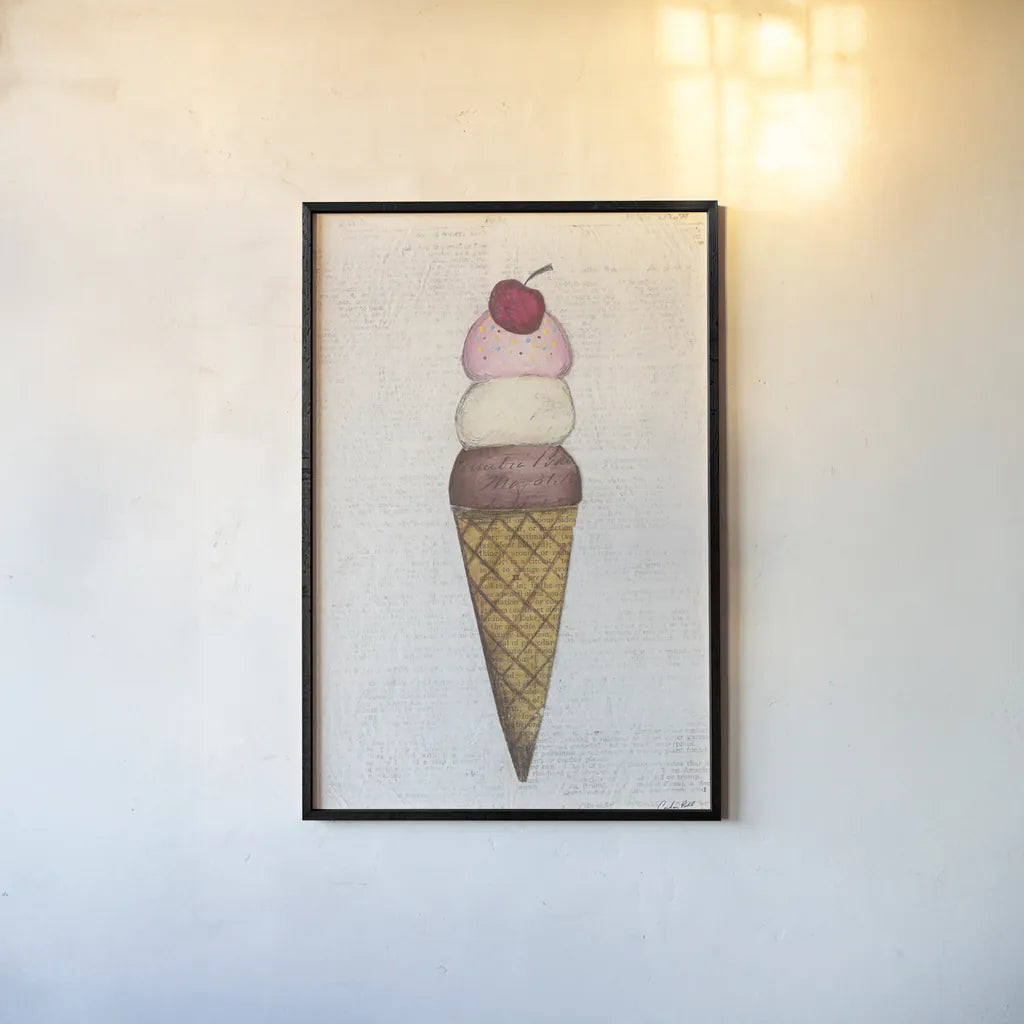 The Scoop I by Courtney Prahl. shown as a paper print in a black flame. Available as a archival giclee rolled canvas, fine art paper, or poster print. SKU 52498h.