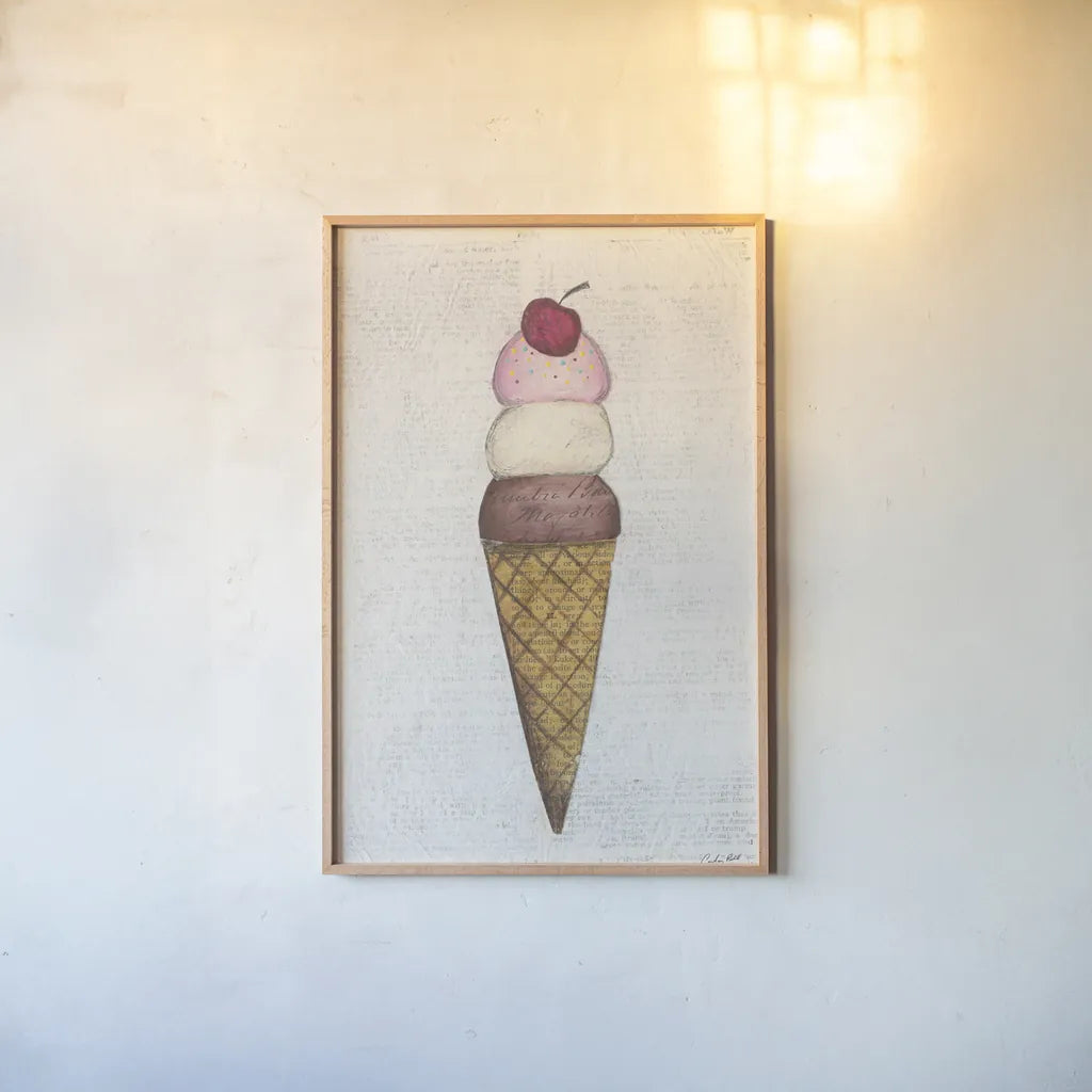 The Scoop I by Courtney Prahl. shown as a paper print in a natural frame. Available as a archival giclee rolled canvas, fine art paper, or poster print. SKU 52498h.