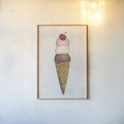The Scoop I by Courtney Prahl. shown as a paper print in a natural frame. Available as a archival giclee rolled canvas, fine art paper, or poster print. SKU 52498h.