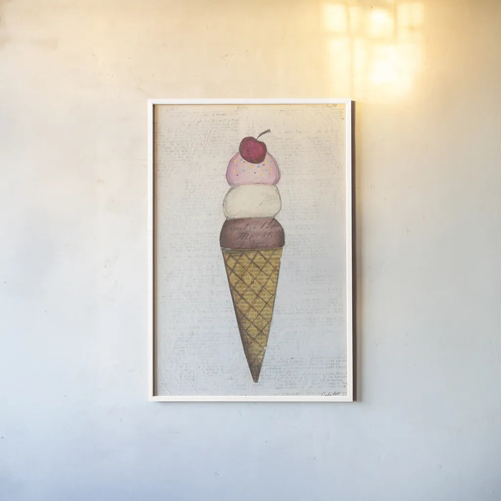 The Scoop I by Courtney Prahl. shown as a paper print in a white frame. Available as a archival giclee rolled canvas, fine art paper, or poster print. SKU 52498h.
