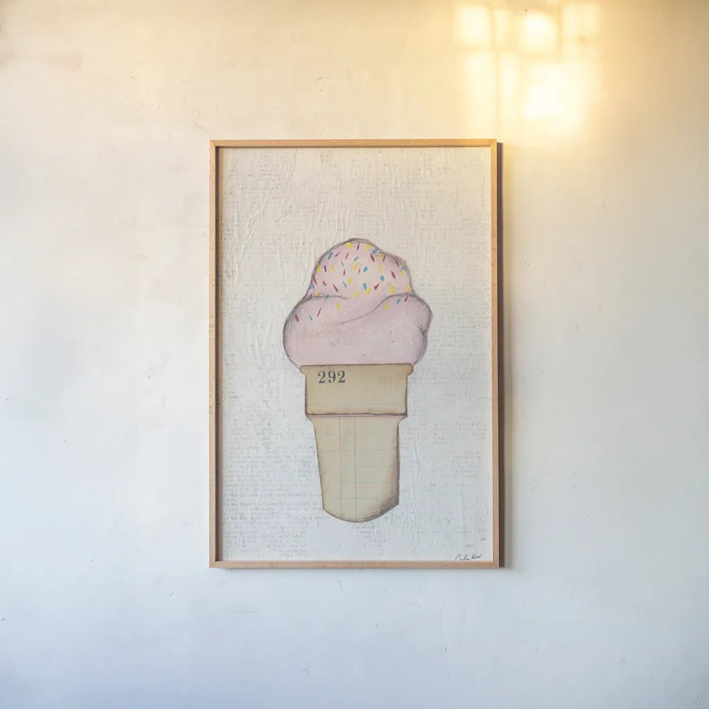 The Scoop II by Courtney Prahl. shown as a paper print in a natural frame. Available as a archival giclee rolled canvas, fine art paper, or poster print. SKU 52499h.