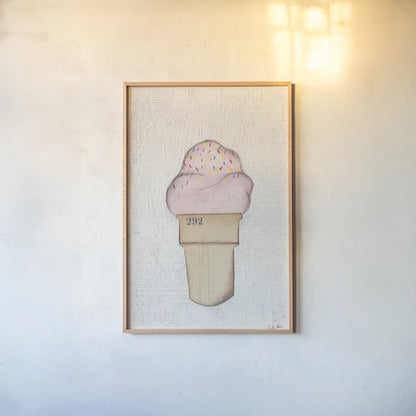 The Scoop II by Courtney Prahl. shown as a paper print in a natural frame. Available as a archival giclee rolled canvas, fine art paper, or poster print. SKU 52499h.