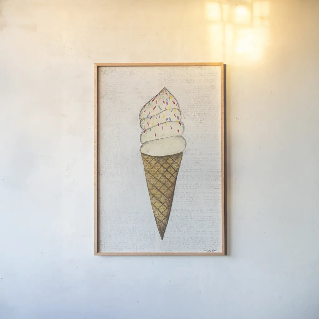 The Scoop III by Courtney Prahl. shown as a paper print in a natural frame. Available as a archival giclee rolled canvas, fine art paper, or poster print. SKU 52500h.