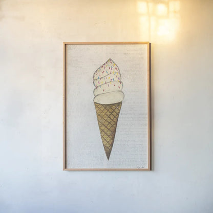 The Scoop III by Courtney Prahl. shown as a paper print in a natural frame. Available as a archival giclee rolled canvas, fine art paper, or poster print. SKU 52500h.