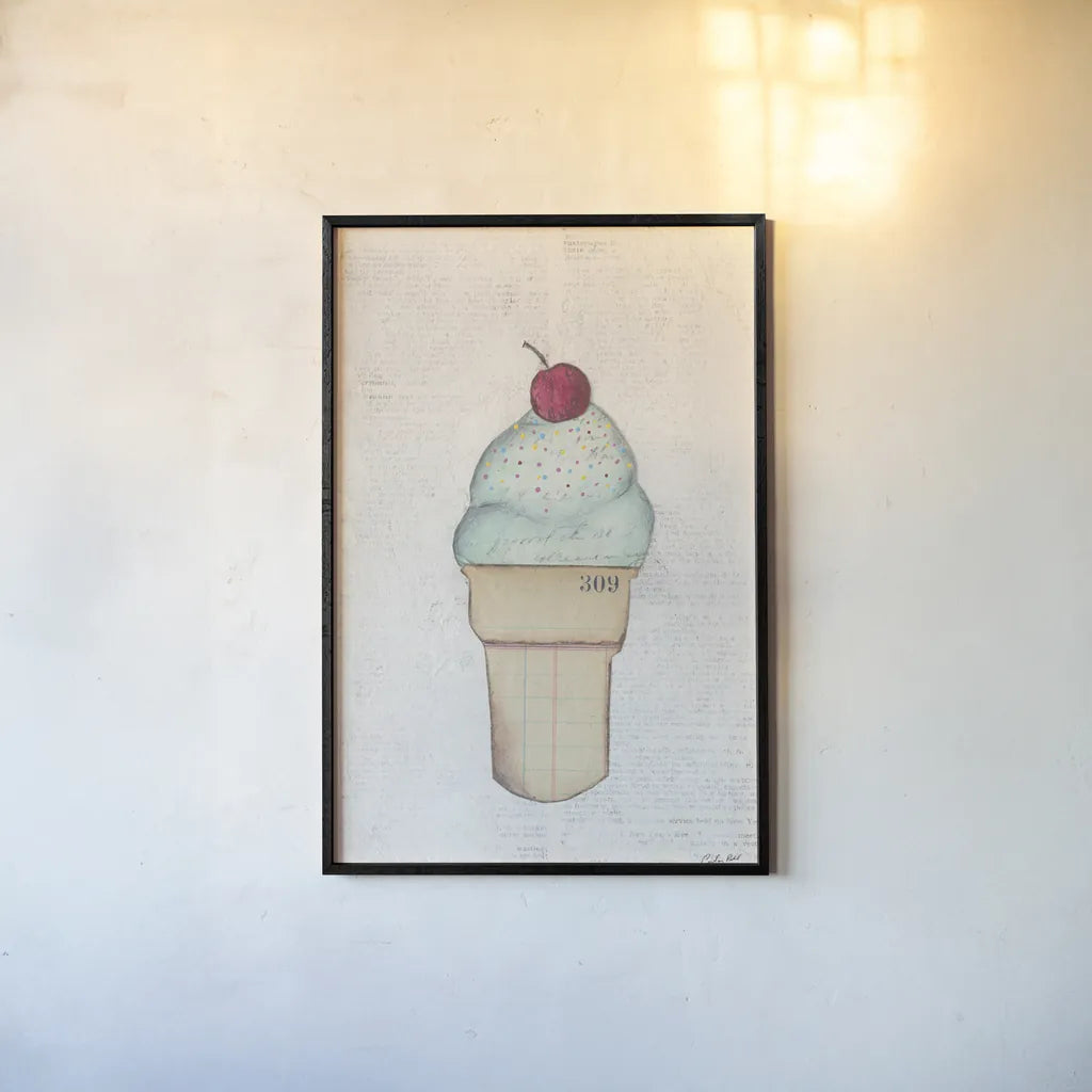 The Scoop IV by Courtney Prahl. shown as a paper print in a black flame. Available as a archival giclee rolled canvas, fine art paper, or poster print. SKU 52501h.