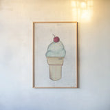 The Scoop IV by Courtney Prahl. shown as a paper print in a natural frame. Available as a archival giclee rolled canvas, fine art paper, or poster print. SKU 52501h.