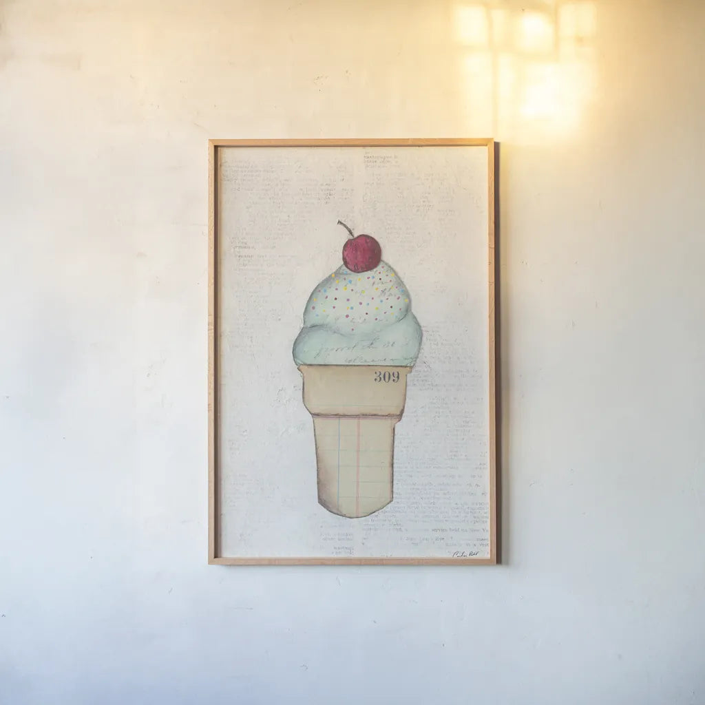 The Scoop IV by Courtney Prahl. shown as a paper print in a natural frame. Available as a archival giclee rolled canvas, fine art paper, or poster print. SKU 52501h.