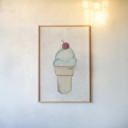 The Scoop IV by Courtney Prahl. shown as a paper print in a natural frame. Available as a archival giclee rolled canvas, fine art paper, or poster print. SKU 52501h.