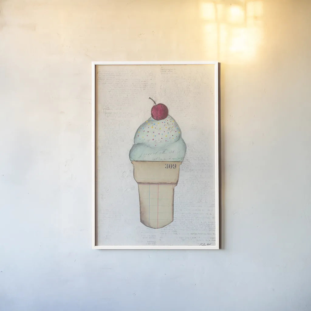 The Scoop IV by Courtney Prahl. shown as a paper print in a white frame. Available as a archival giclee rolled canvas, fine art paper, or poster print. SKU 52501h.