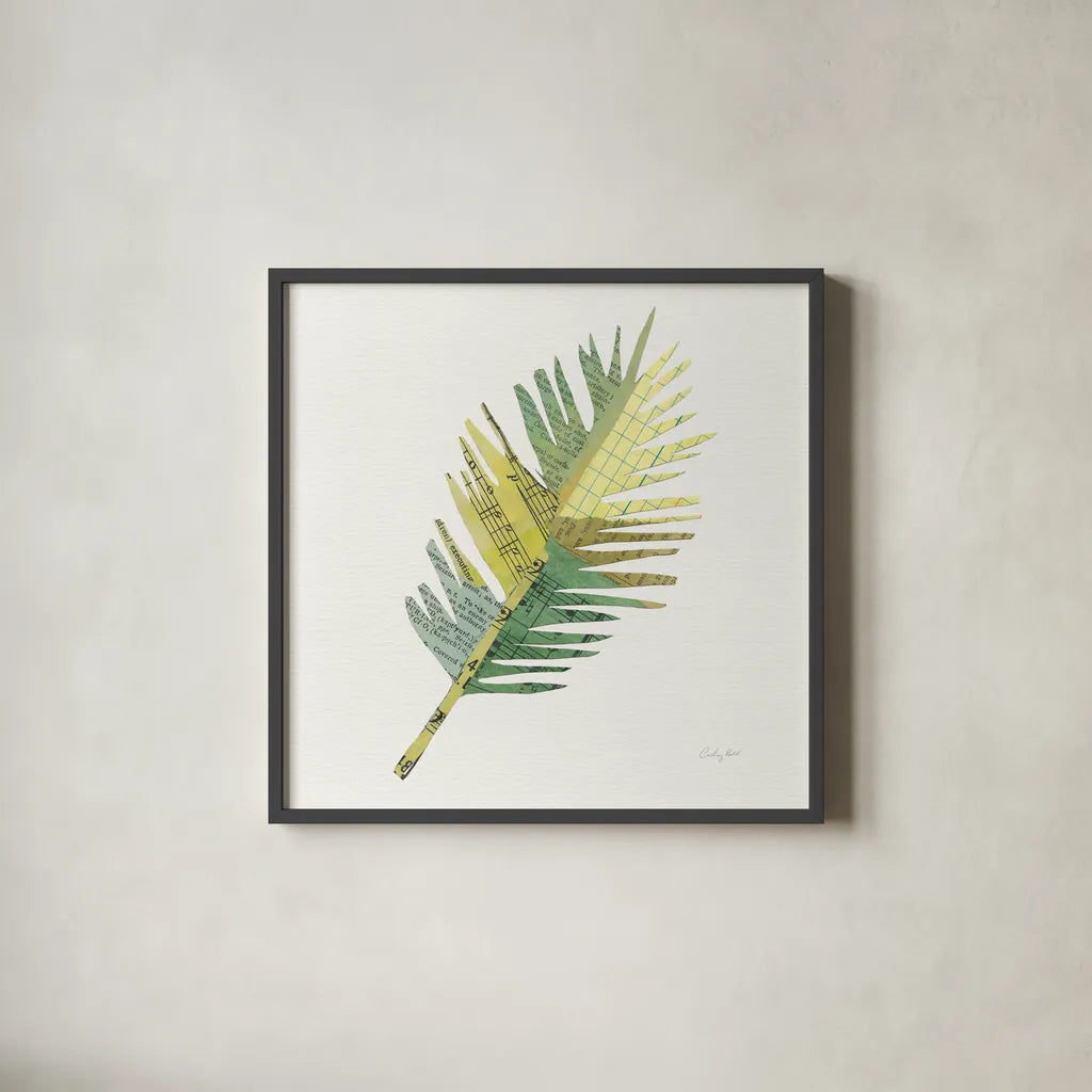 Tropical Fun Palms I by Courtney Prahl. Shown in a sleek black glass frame for a contemporary gallery look. Available as an archival giclee rolled canvas, fine art paper, or poster print. SKU 35697a.