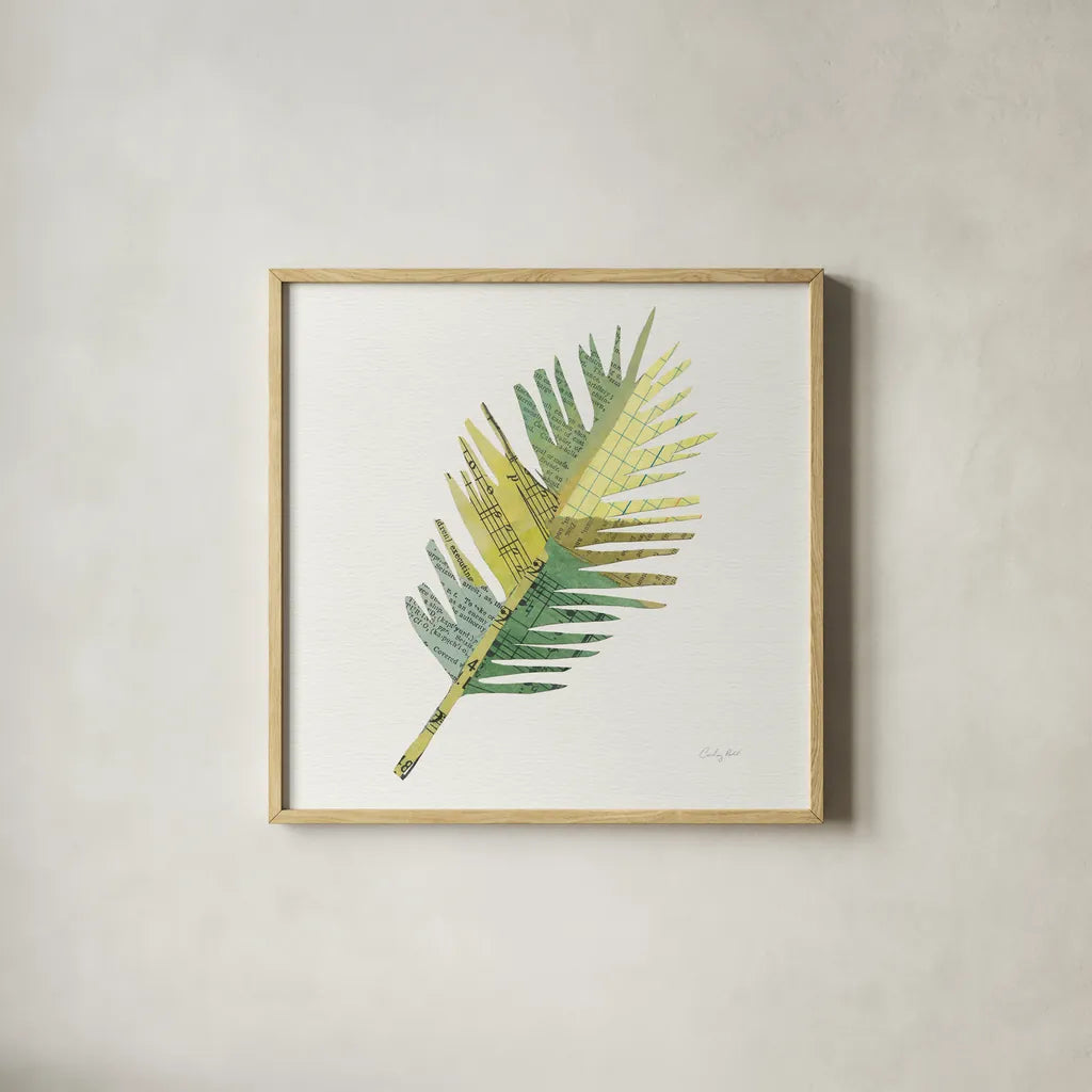 Tropical Fun Palms I by Courtney Prahl. Shown in a natural wood glass frame for a timeless modern aesthetic. Available as an archival giclee rolled canvas, fine art paper, or poster print. SKU 35697a.