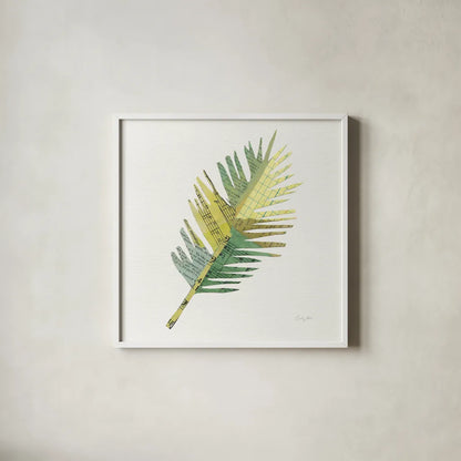 Tropical Fun Palms I by Courtney Prahl. Shown in a crisp white glass frame for a clean and minimalist style. Available as an archival giclee rolled canvas, fine art paper, or poster print. SKU 35697a.