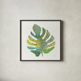 Tropical Fun Palms II by Courtney Prahl. Shown in a sleek black glass frame for a contemporary gallery look. Available as an archival giclee rolled canvas, fine art paper, or poster print. SKU 35698a.