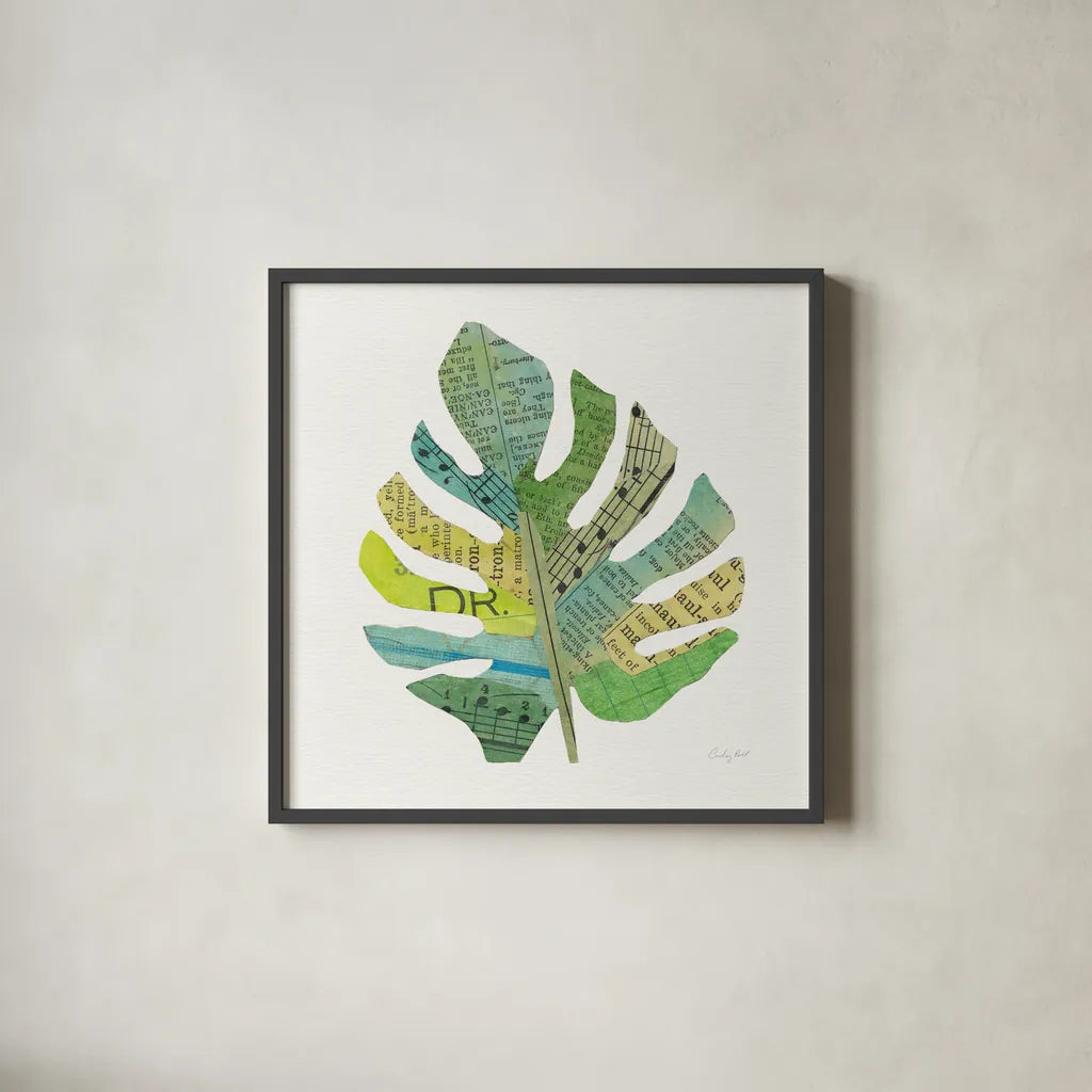 Tropical Fun Palms II by Courtney Prahl. Shown in a sleek black glass frame for a contemporary gallery look. Available as an archival giclee rolled canvas, fine art paper, or poster print. SKU 35698a.