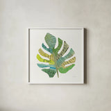 Tropical Fun Palms II by Courtney Prahl. Shown in a crisp white glass frame for a clean and minimalist style. Available as an archival giclee rolled canvas, fine art paper, or poster print. SKU 35698a.