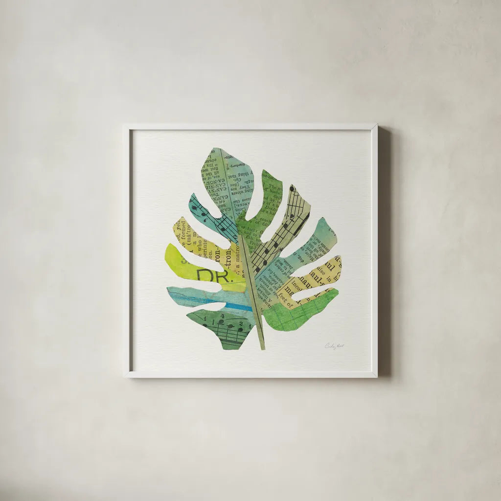 Tropical Fun Palms II by Courtney Prahl. Shown in a crisp white glass frame for a clean and minimalist style. Available as an archival giclee rolled canvas, fine art paper, or poster print. SKU 35698a.